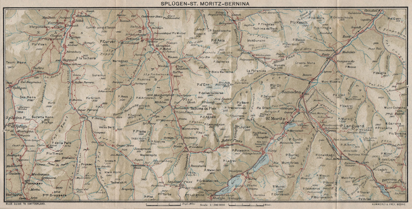 SPLÜGEN ST. MORITZ BERNINA. Cresta Bivio Maloja Celerina. Switzerland 1930 map